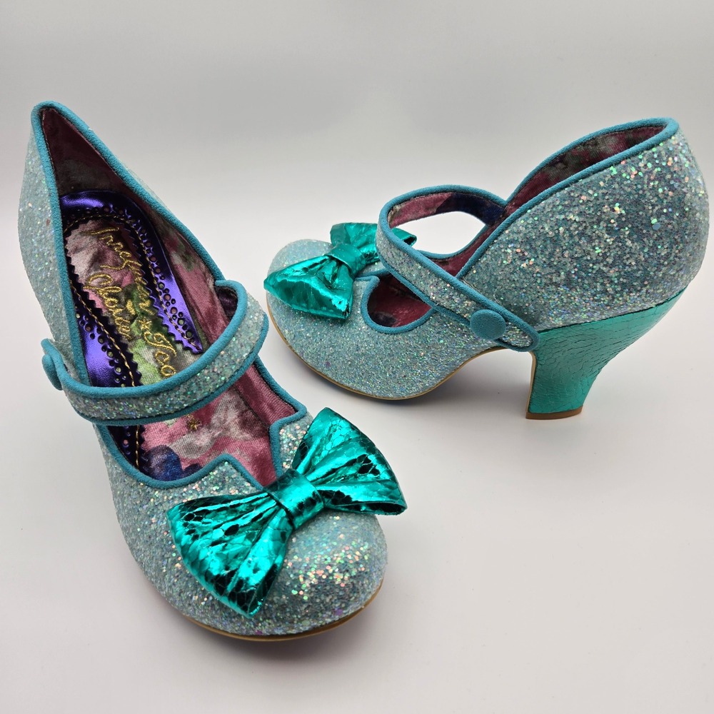 Irregular Choice NEW Fancy That Mint Blue Chunky Glitter Metallic Bows 39 US 8.5